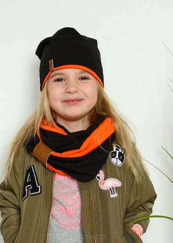  komplet bawełniany komin i czapka czarno-pomarańczowy chłopiec dziewczynka