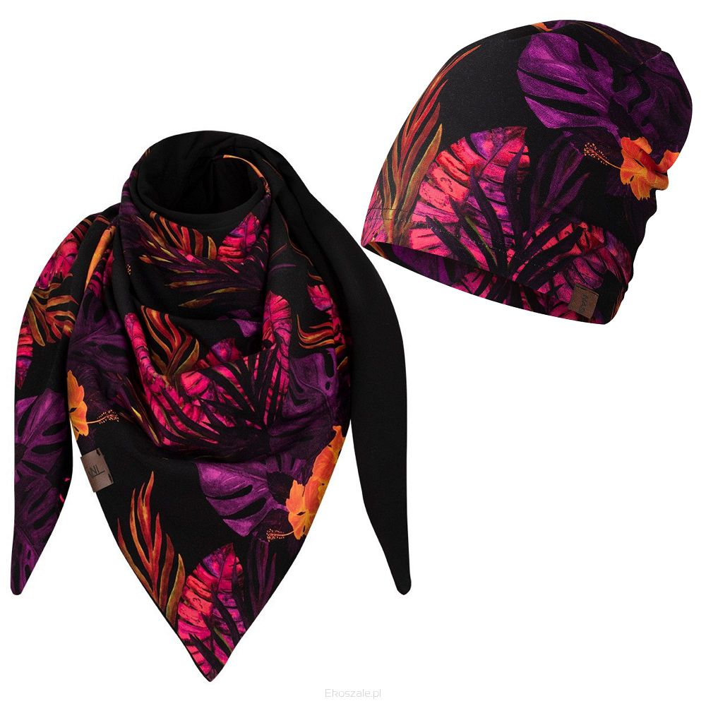 kolorowy komplet czapka + chusta produkt polski purpurowe liście