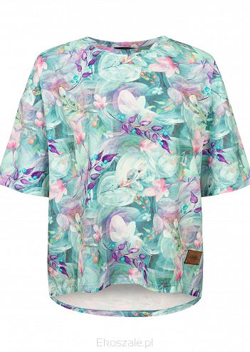 Bluzka T 'shirt miętowo fioletowe kwiaty