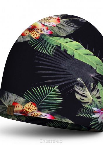 czapka na wiosnę dresowa podwójna w zielone liście i kwiaty, czapka damska